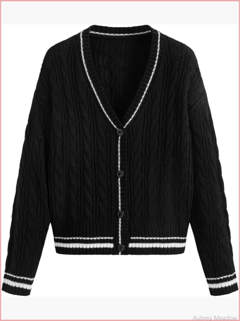 Cable Knit V-Neck Contrast Binding Button Oversized Cardigan